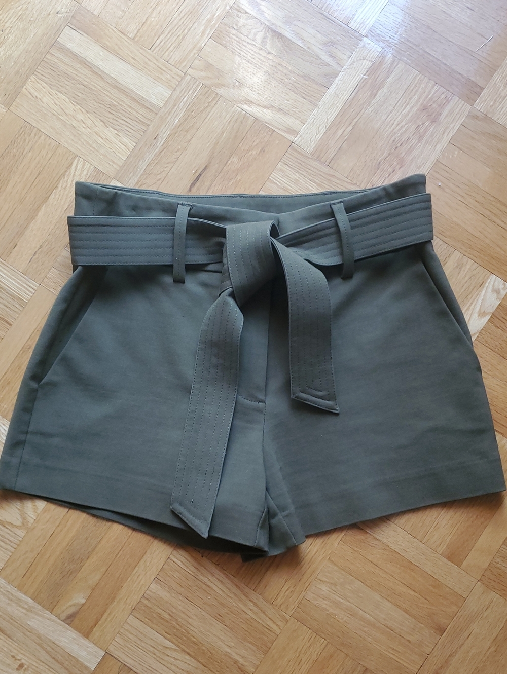 Marciano Olive High-Waist Tie Belt Stretch Shorts